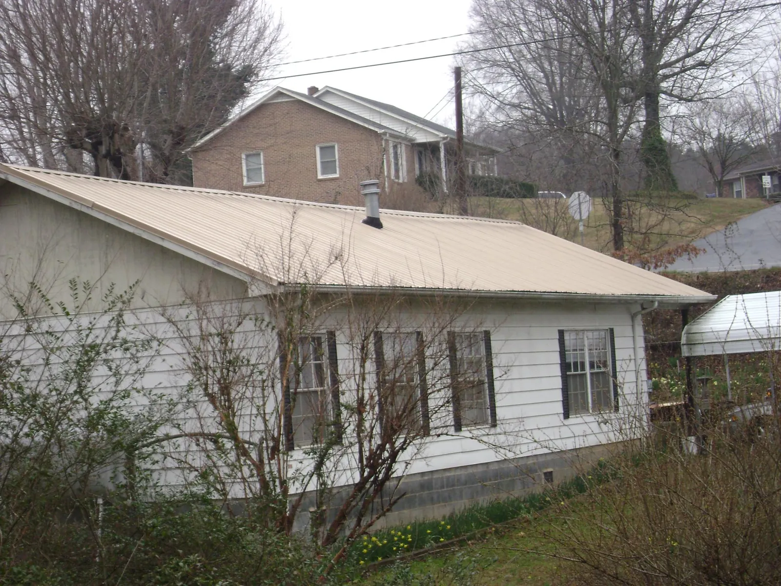 Tan metal roof on a white sided house set into a hillside — Commercial Roofing by Roofing Brothers in Shadyside